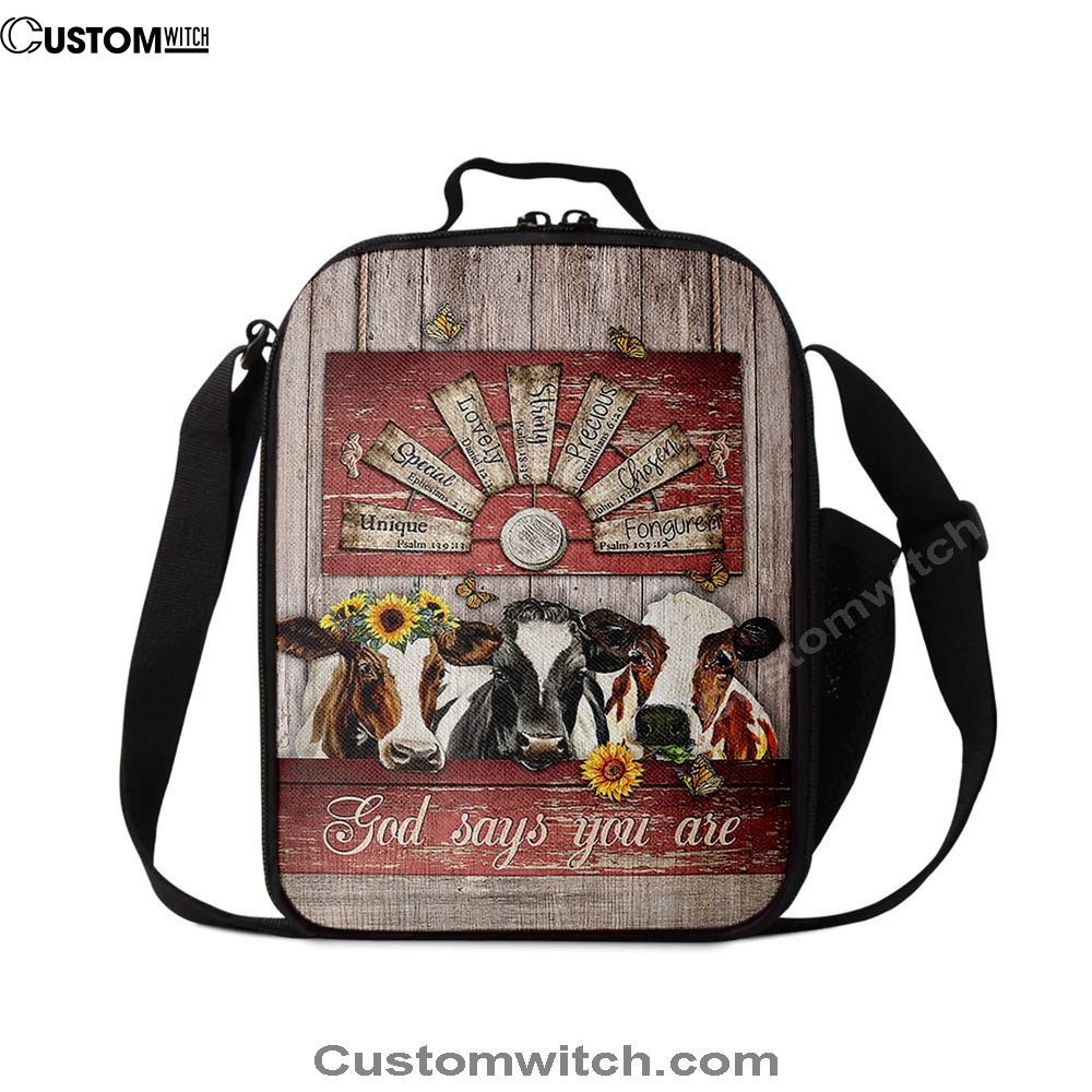 Dairy Cow Sunflower Wreath Windmill Lunch Bag, Christian Lunch Bag For School, Picnic, Religious Lunch Bag