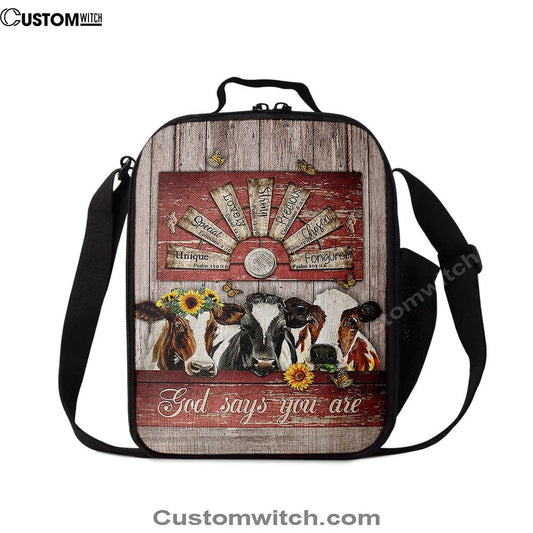 Dairy Cow Sunflower Wreath Windmill Lunch Bag, Christian Lunch Bag For School, Picnic, Religious Lunch Bag