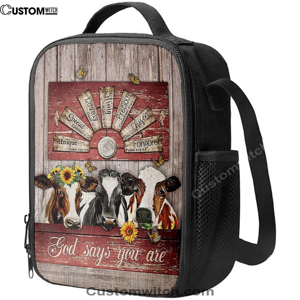 Dairy Cow Sunflower Wreath Windmill Lunch Bag, Christian Lunch Bag For School, Picnic, Religious Lunch Bag