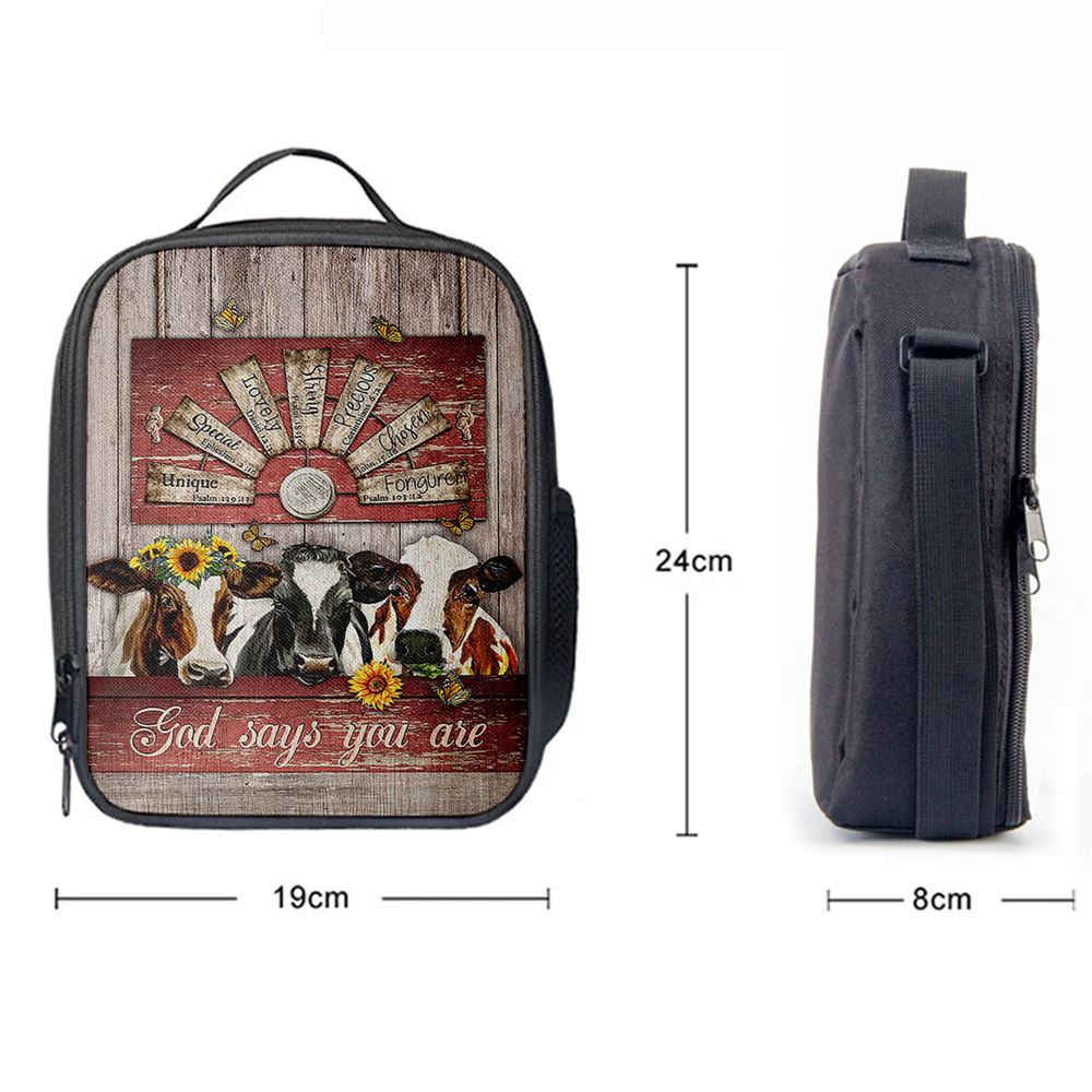 Dairy Cow Sunflower Wreath Windmill Lunch Bag, Christian Lunch Bag For School, Picnic, Religious Lunch Bag