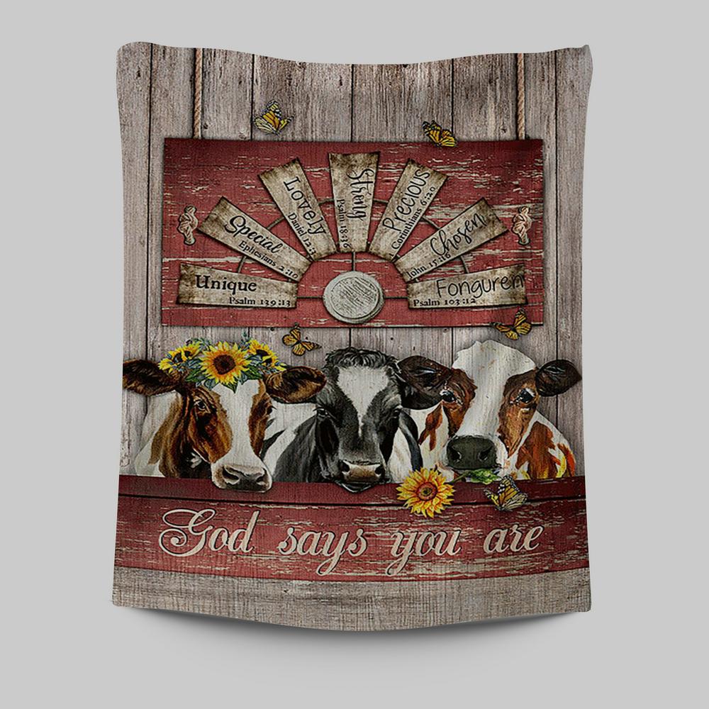 Dairy Cow Sunflower Wreath Windmill Tapestry- God Says You Are Tapestry Wall Art - Christian Tapestries Prints