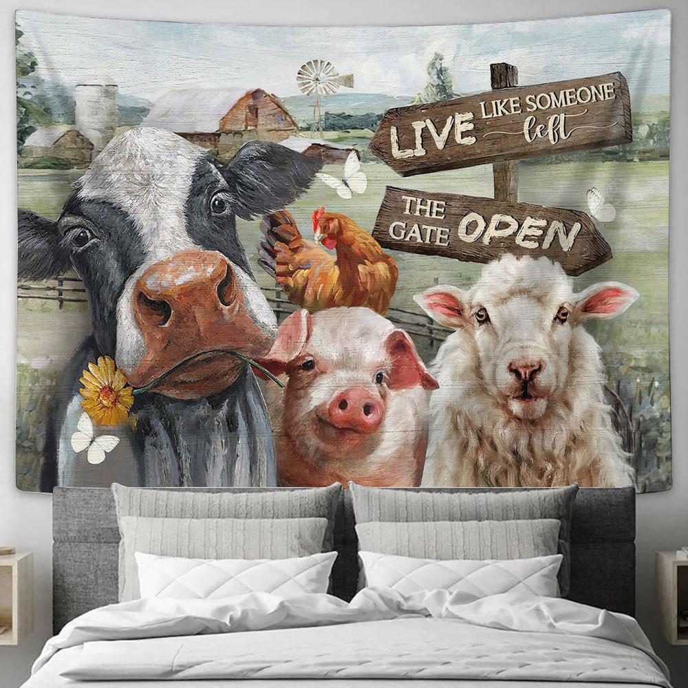 Dairy Cow White Lamb Farm Live Like Someone Left The Gate Open Tapestry Wall Art - Bible Verse Tapestry - Religious Tapestry Wall Hanging