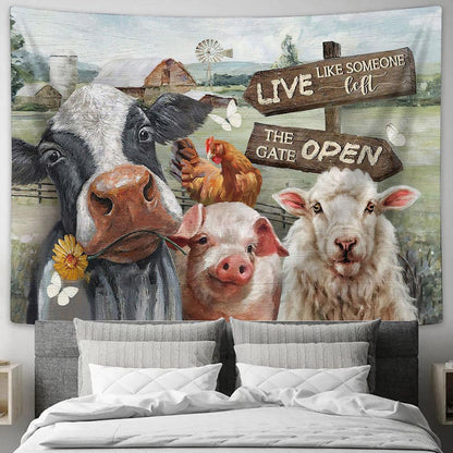 Dairy Cow White Lamb Farm Live Like Someone Left The Gate Open Tapestry Wall Art - Bible Verse Tapestry - Religious Tapestry Wall Hanging