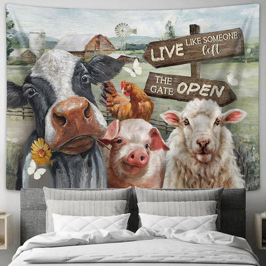 Dairy Cow White Lamb Farm Live Like Someone Left The Gate Open Tapestry Wall Art - Bible Verse Tapestry - Religious Tapestry Wall Hanging