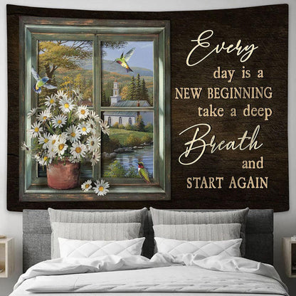 Daisy Every day is a new beginning Tapestry Wall Art - Bible Verse Tapestry - Religious Tapestry Wall Hanging