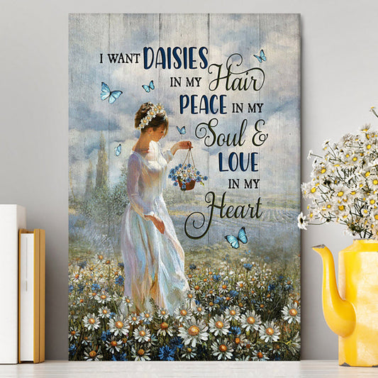 Daisy Field Blue Butterfly Canvas- I Want Daisies In My Hair Canvas Wall Art - Christian Canvas Prints - Bible Verse Canvas Art