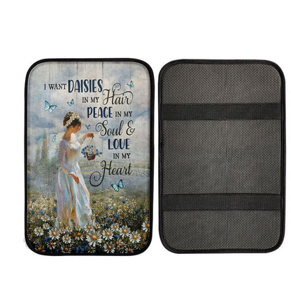 Daisy Field Blue Butterfly Car Armrest Pad- I Want Daisies In My Hair Car Center Console Cover, Christian Car Accessories