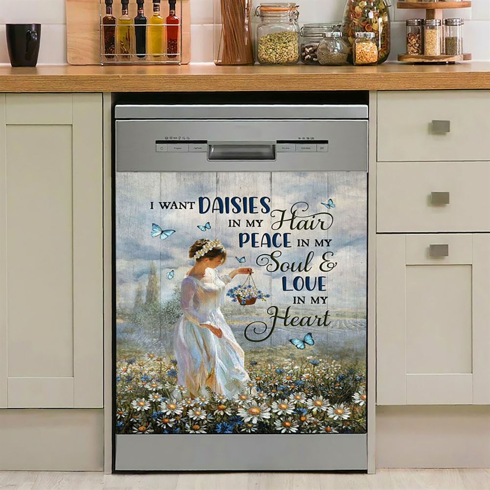 Daisy Field Blue Butterfly Dishwasher Cover, I Want Daisies In My Hair Dishwasher Magnet Cover, Christian Kitchen Decor