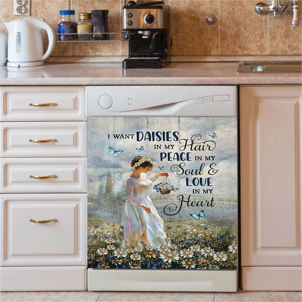 Daisy Field Blue Butterfly Dishwasher Cover, I Want Daisies In My Hair Dishwasher Magnet Cover, Christian Kitchen Decor