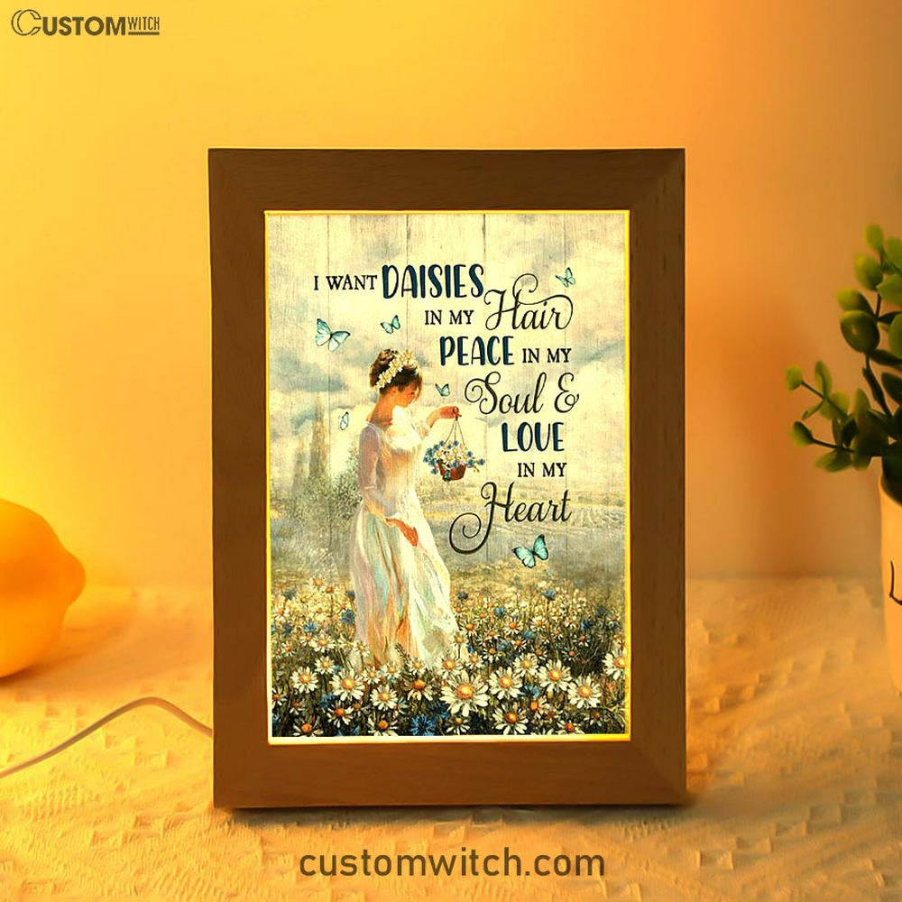 Daisy Field Blue Butterfly Frame Lamp- I Want Daisies In My Hair Frame Lamp Art - Christian Night Light - Bible Verse Wooden Lamp