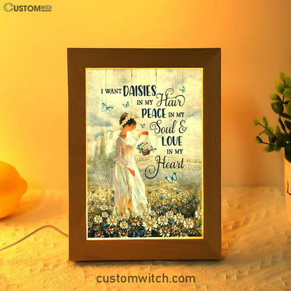 Daisy Field Blue Butterfly Frame Lamp- I Want Daisies In My Hair Frame Lamp Art - Christian Night Light - Bible Verse Wooden Lamp