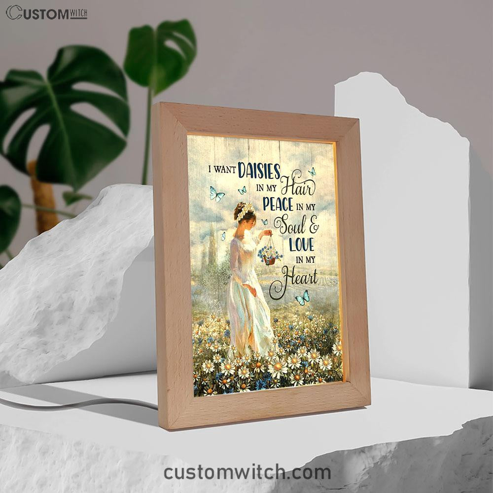 Daisy Field Blue Butterfly Frame Lamp- I Want Daisies In My Hair Frame Lamp Art - Christian Night Light - Bible Verse Wooden Lamp