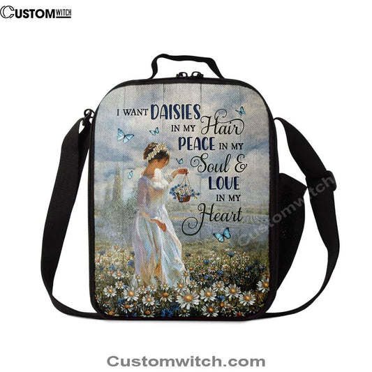 Daisy Field Blue Butterfly Lunch Bag, Christian Lunch Bag For School, Picnic, Religious Lunch Bag