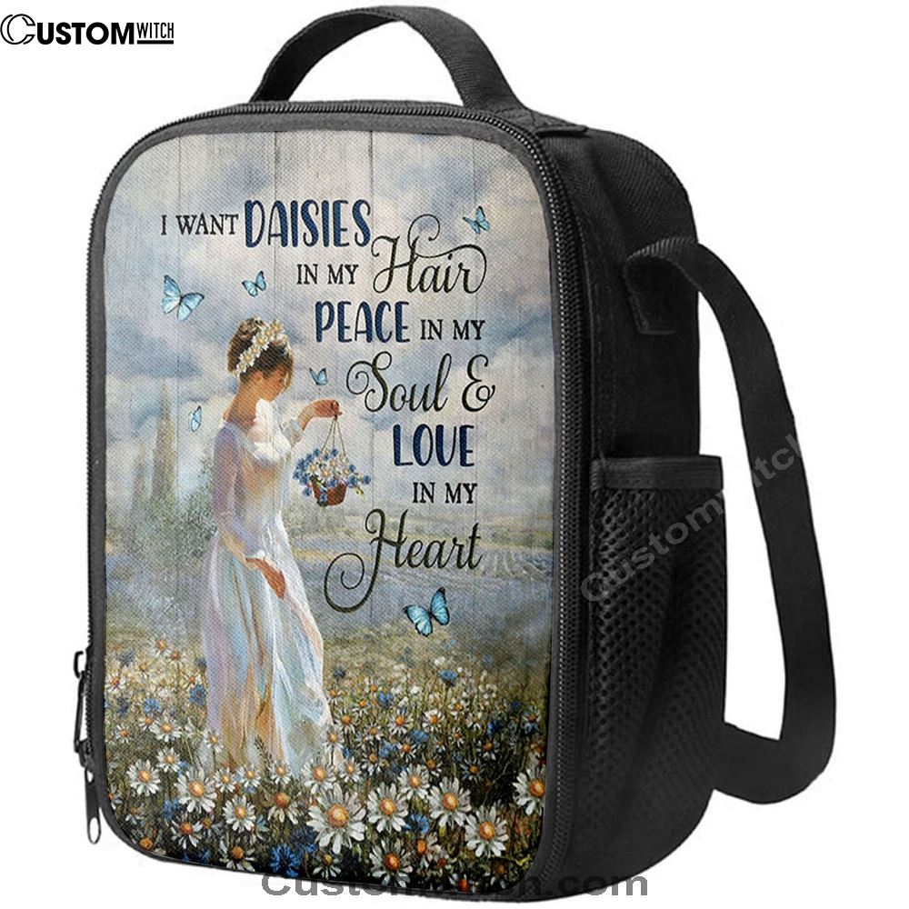 Daisy Field Blue Butterfly Lunch Bag, Christian Lunch Bag For School, Picnic, Religious Lunch Bag
