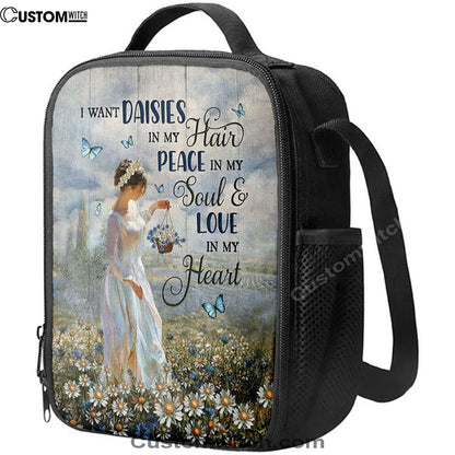 Daisy Field Blue Butterfly Lunch Bag, Christian Lunch Bag For School, Picnic, Religious Lunch Bag