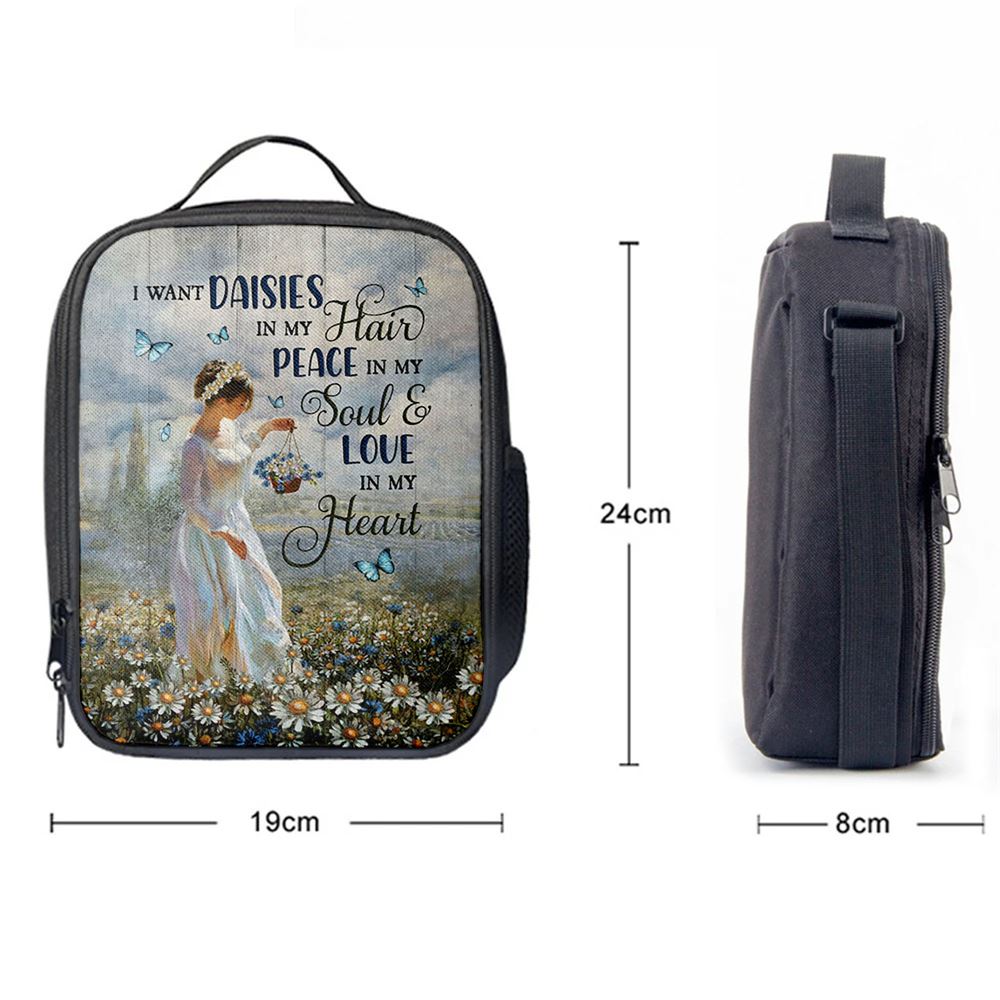Daisy Field Blue Butterfly Lunch Bag, Christian Lunch Bag For School, Picnic, Religious Lunch Bag