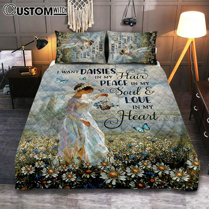 Daisy Field Blue Butterfly Quilt Bedding Set- I Want Daisies In My Hair Quilt Bedding Set Bedroom - Christian Quilt Bedding Set Prints - Bible Verse Quilt Bedding Set Art