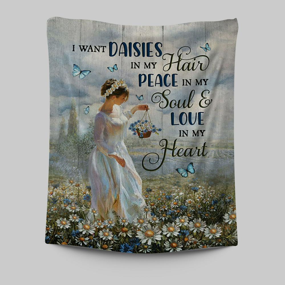Daisy Field Blue Butterfly Tapestry- I Want Daisies In My Hair Tapestry Wall Art - Christian Tapestries Prints - Bible Verse Tapestry Art