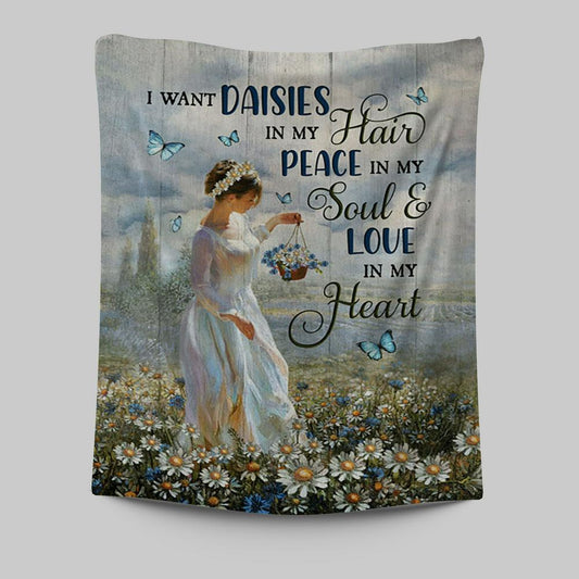 Daisy Field Blue Butterfly Tapestry- I Want Daisies In My Hair Tapestry Wall Art - Christian Tapestries Prints - Bible Verse Tapestry Art