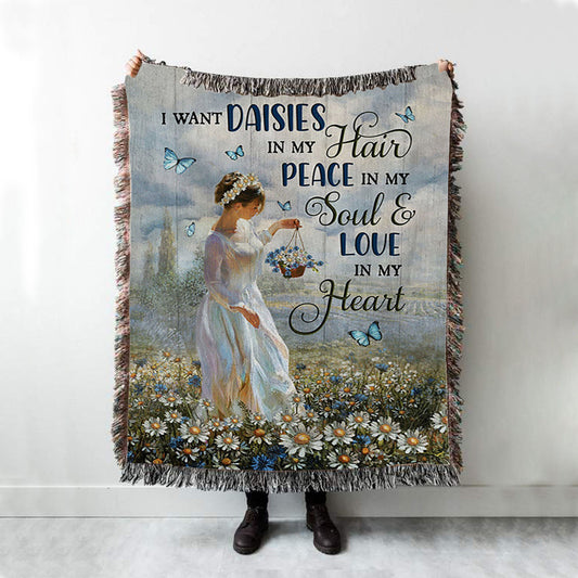 Daisy Field Blue Butterfly Woven Blanket- I Want Daisies In My Hair Woven Throw Blanket - Christian Woven Blanket Prints - Bible Verse Woven Blanket Art