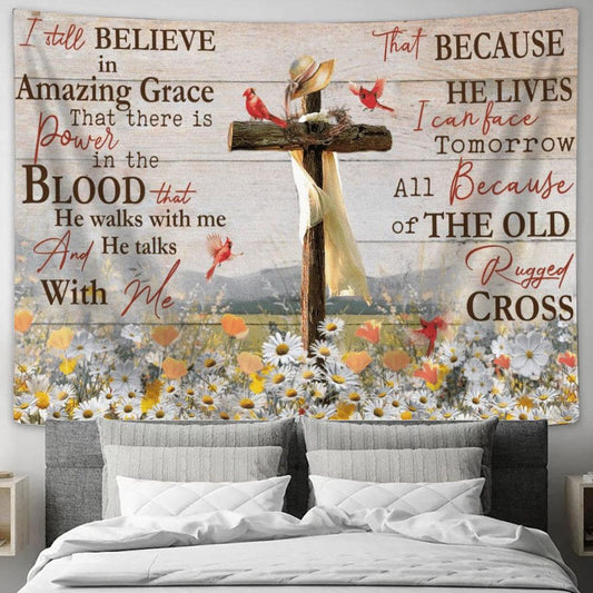 Daisy Field, Cardinal, I Still Believe In Amazing Grace Jesus Tapestry, Tapestries for Living Room Bedroom