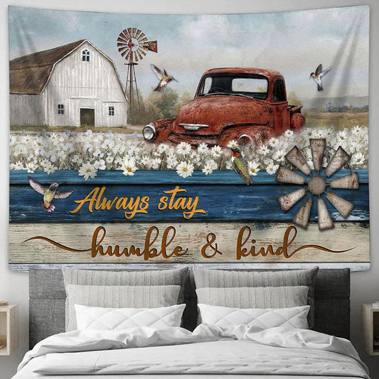Daisy Field Old Ladybug Car Always Stay Humble And Kind Tapestry Wall Art - Bible Verse Tapestry - Religious Tapestry Wall Hanging