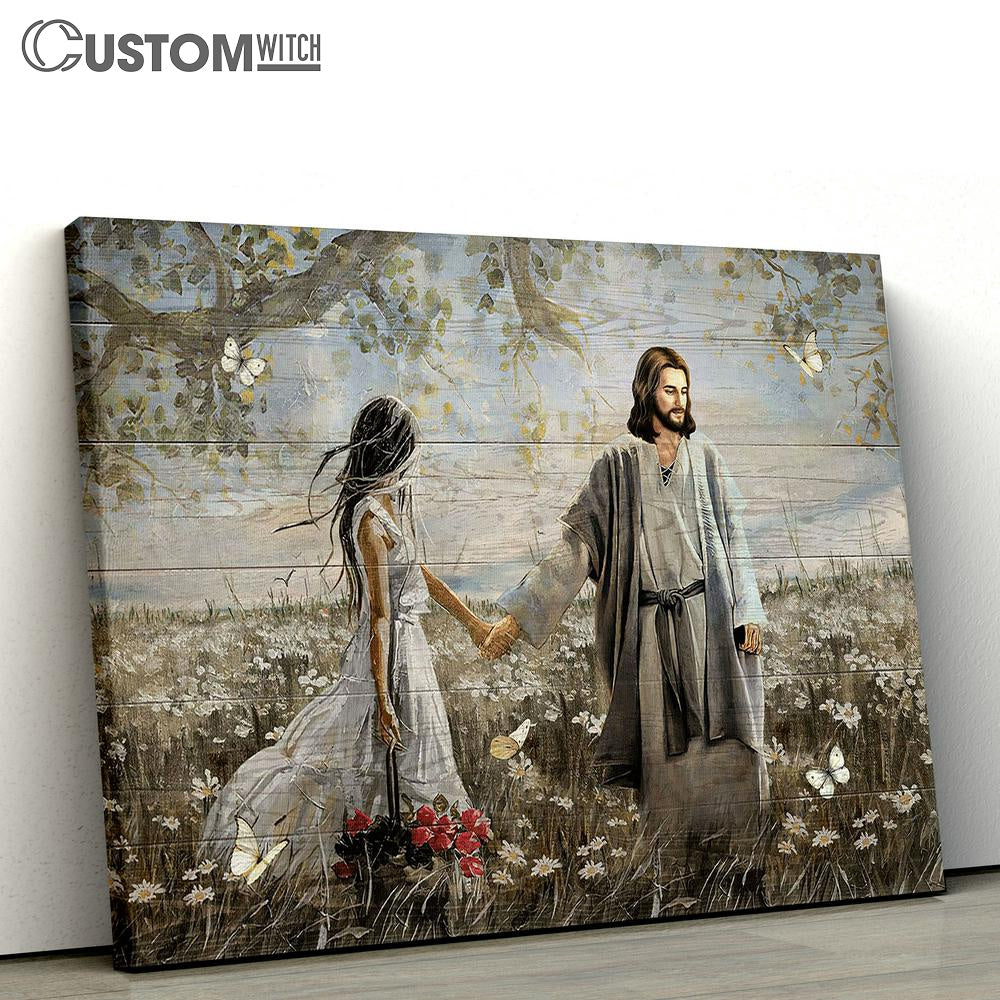 Daisy Field Pretty Girl Rose Vase Walking With Jesus White Butterfly Canvas Wall Art - Bible Verse Canvas - Religious Prints