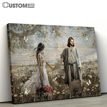 Daisy Field Pretty Girl Rose Vase Walking With Jesus White Butterfly Canvas Wall Art - Bible Verse Canvas - Religious Prints