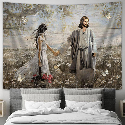 Daisy Field Pretty Girl Rose Vase Walking With Jesus White Butterfly Tapestry Wall Art - Bible Verse Tapestry - Religious Tapestry Wall Hanging