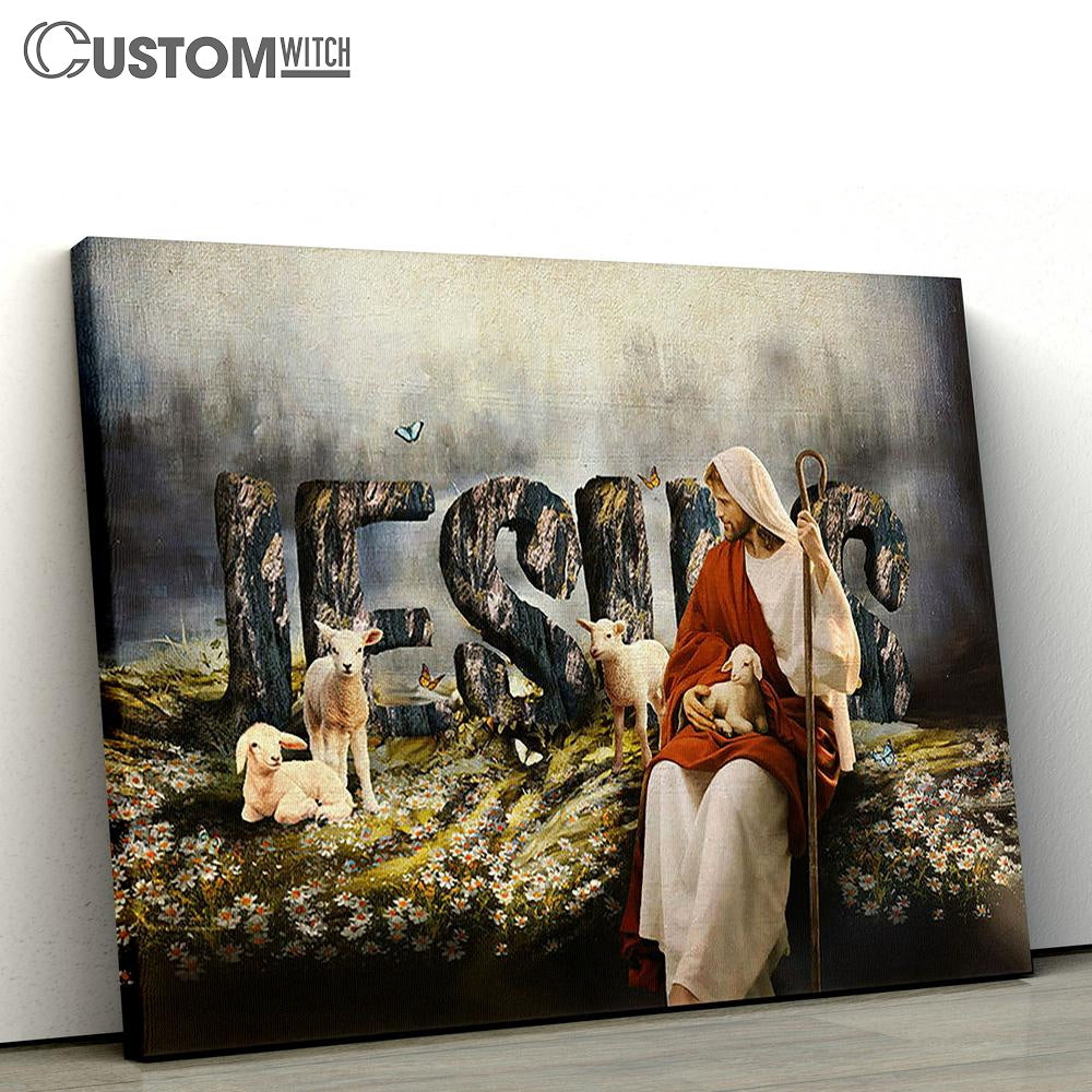 Daisy Field White Lamb Jesus Canvas Wall Art - Bible Verse Canvas - Religious Prints