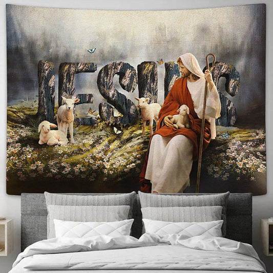 Daisy Field White Lamb Jesus Tapestry Wall Art - Bible Verse Tapestry - Religious Tapestry Wall Hanging