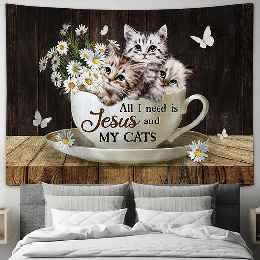 Daisy Flower All I Need Is Jesus And My Cats Tapestry Painting - Christian Wall Art - Gifts For Cat Lovers
