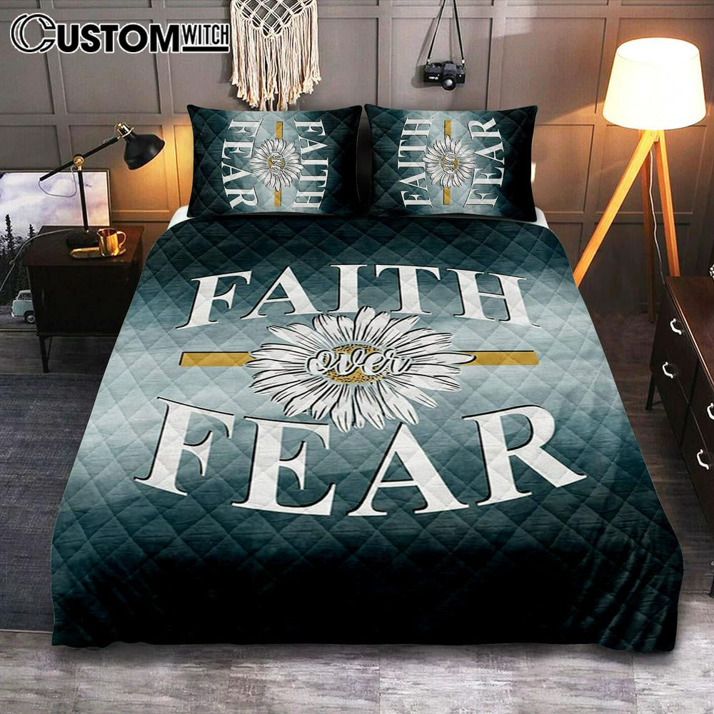 Daisy Flower Faith Over Fear Quilt Bedding Set Bedroom - Christian Quilt Bedding Set Prints - Religious Cover Twin Bedding Decor