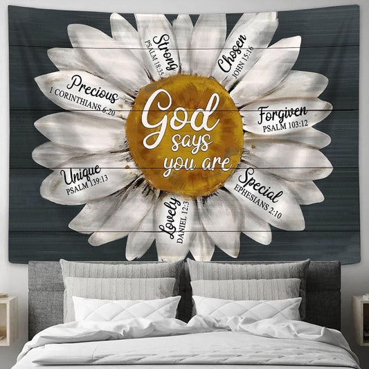Daisy, Flower God says you are Tapestry Wall Art - Bible Verse Tapestry - Religious Tapestry Wall Hanging