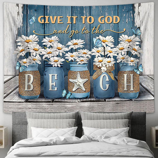 Daisy Give it to God and go to the beach Tapestry Wall Art - Bible Verse Tapestry - Religious Tapestry Wall Hanging