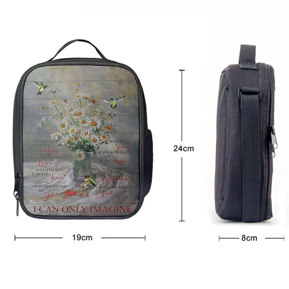 Daisy Hummingbird Cranberry I Can Only Imagine Lunch Bag, Christian Lunch Bag For School, Picnic, Religious Lunch Bag