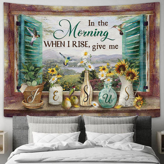 Daisy Hummingbird In The Morning When I Rise Give Me Jesus Tapestry Wall Art - Bible Verse Tapestry - Religious Tapestry Wall Hanging