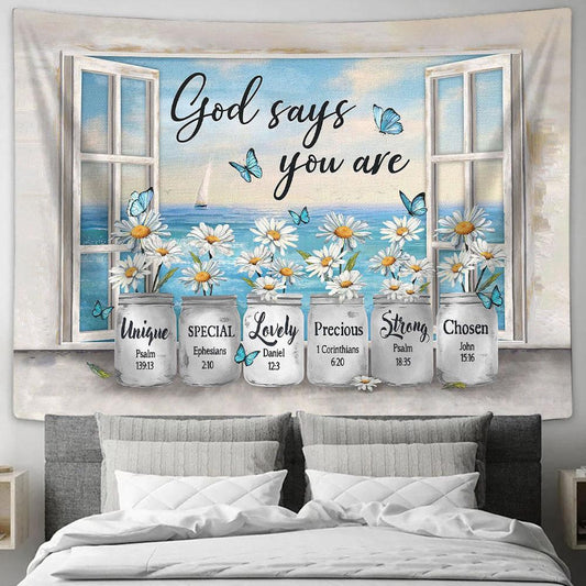 Daisy flower God says you are Tapestry Wall Art - Bible Verse Tapestry - Religious Tapestry Wall Hanging