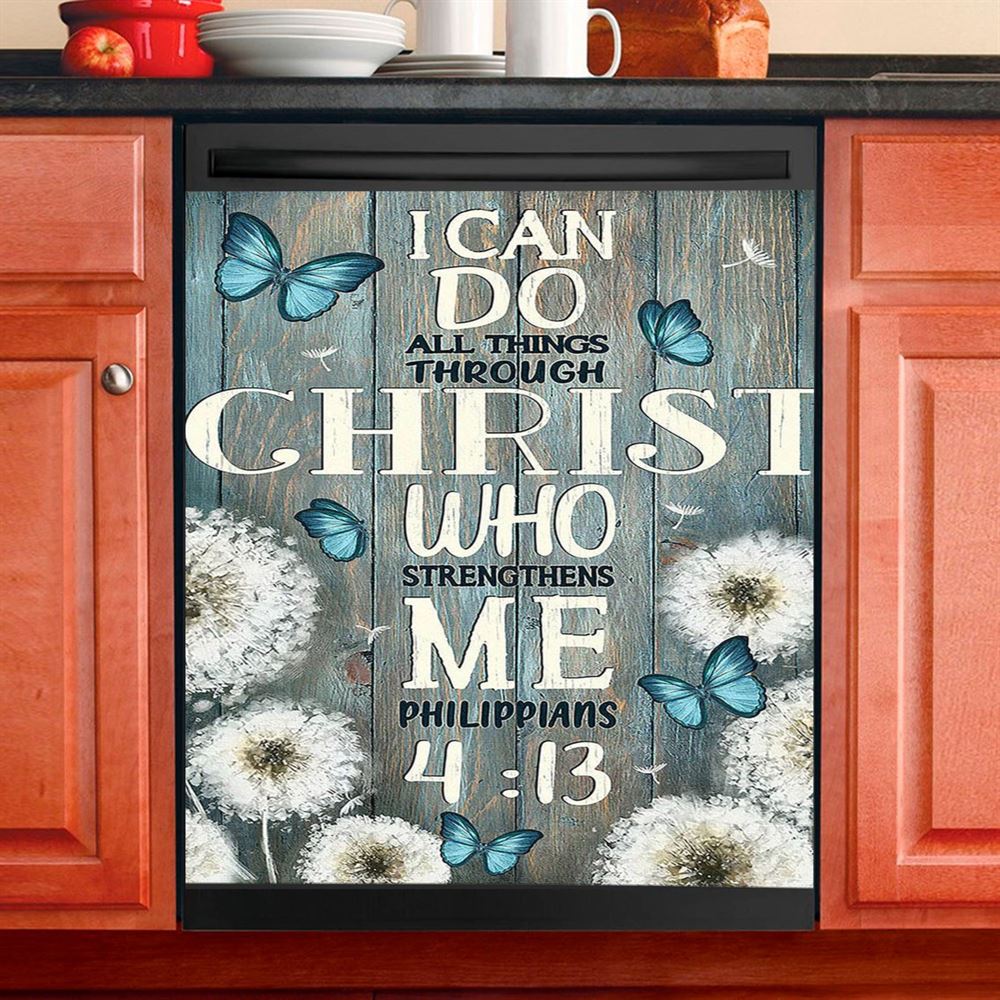 Dandelion Butterfly I Can Do All Things Through Christ Who Strengthens Me Dishwasher Cover, Bible Verse Dishwasher Magnet Cover, Religious Home Decor