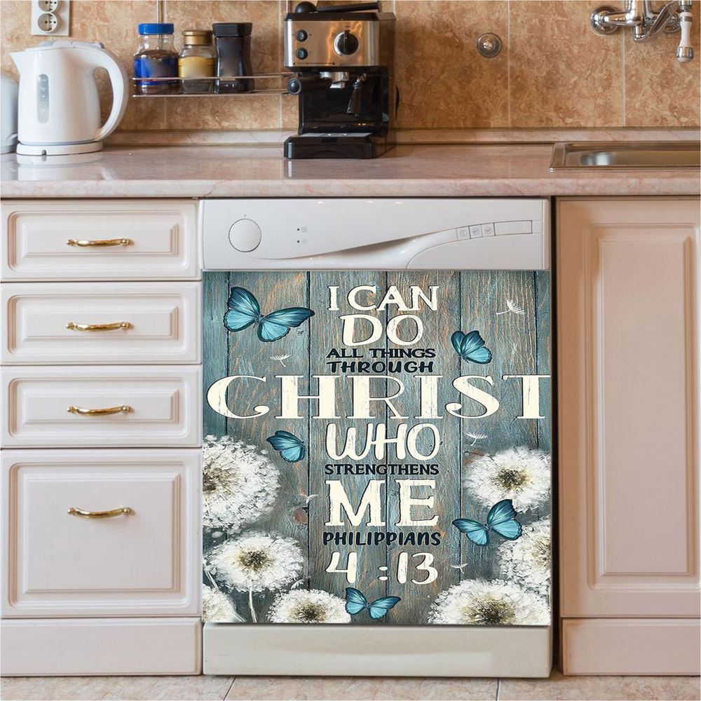 Dandelion Butterfly I Can Do All Things Through Christ Who Strengthens Me Dishwasher Cover, Bible Verse Dishwasher Magnet Cover, Religious Home Decor