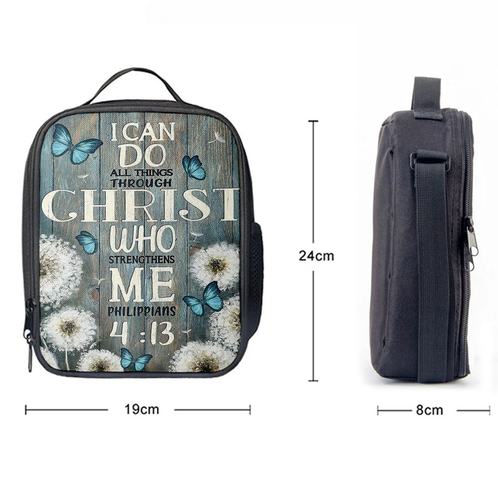 Dandelion Butterfly I Can Do All Things Through Christ Who Strengthens Me Lunch Bag, Christian Lunch Bag For School, Picnic, Religious Lunch Bag