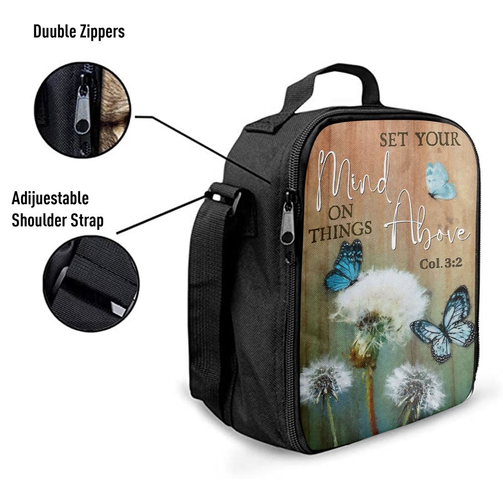 Dandelion Butterfly Set Your Mind On Things Above Lunch Bag, Christian Lunch Bag For School, Picnic, Religious Lunch Bag