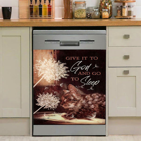 Dandelion Cat Give It To God And Go To Sleep Dishwasher Cover, Bible Verse Dishwasher Magnet Cover, Christian Kitchen Decor