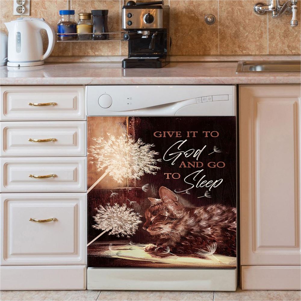Dandelion Cat Give It To God And Go To Sleep Dishwasher Cover, Bible Verse Dishwasher Magnet Cover, Christian Kitchen Decor