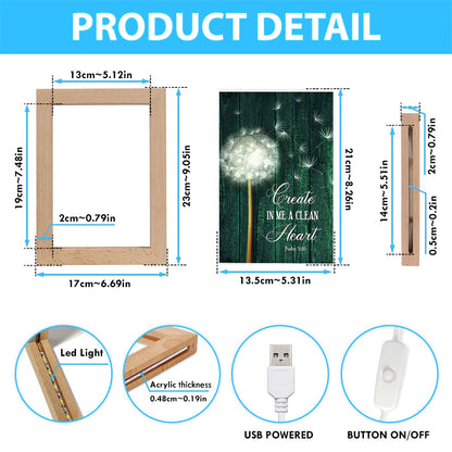 Dandelion Create In Me A Clean Heart Frame Lamp Art - Christian Night Light - Religious Decor