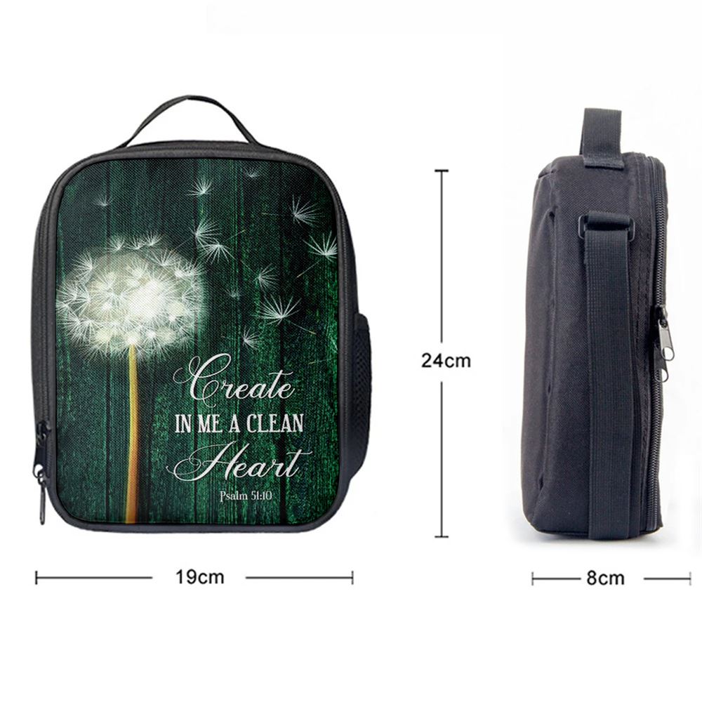 Dandelion Create In Me A Clean Heart Lunch Bag, Christian Lunch Bag For School, Picnic, Religious Lunch Bag