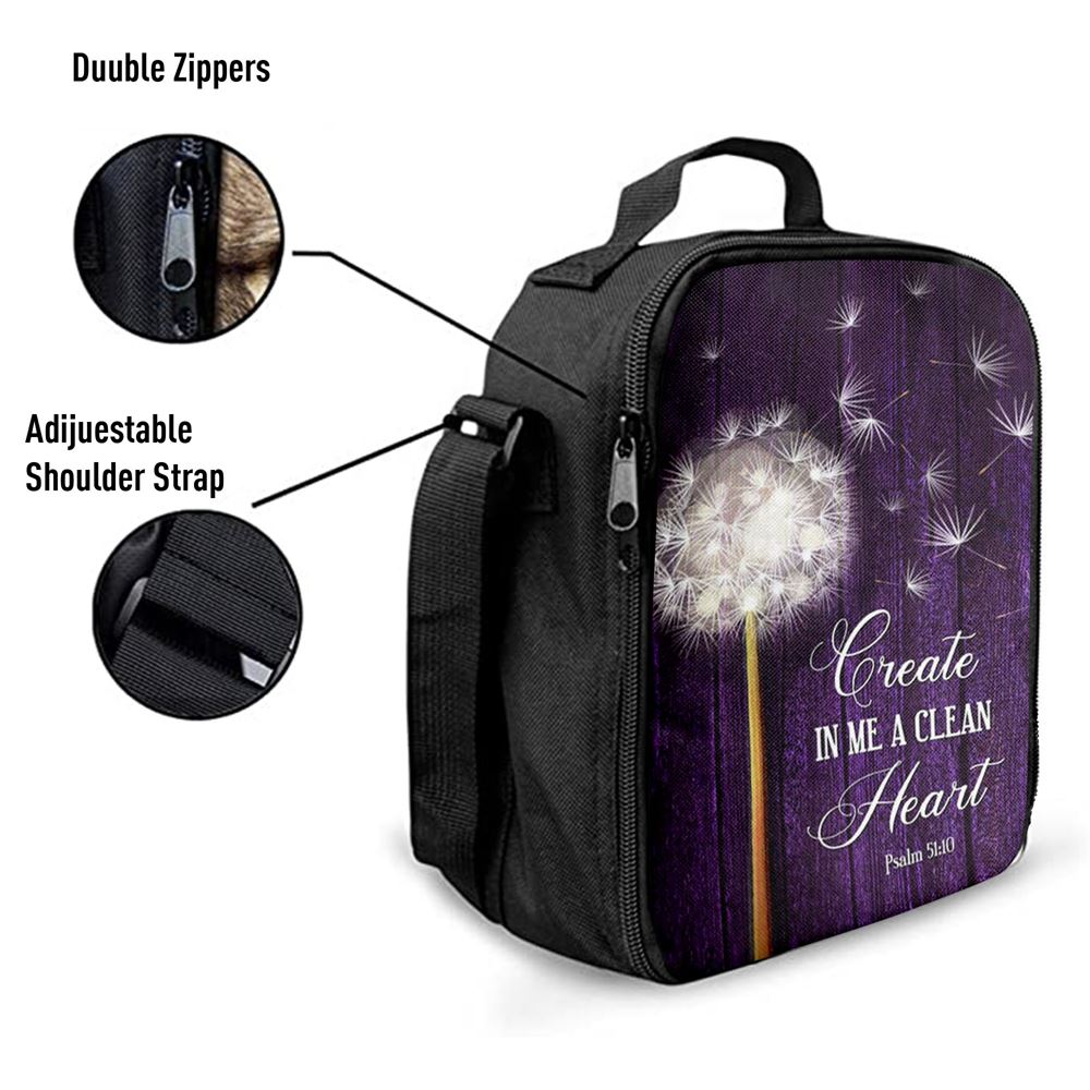 Dandelion Create In Me A Clean Heart Psalm 5110 Lunch Bags, Christian Lunch Bag For School, Picnic, Religious Lunch Bag