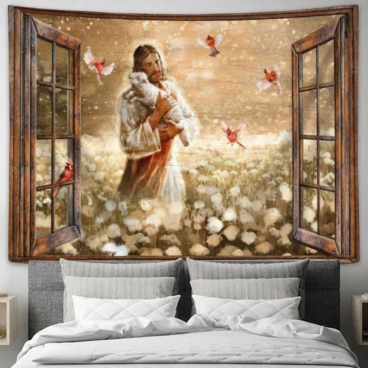 Dandelion Field Jesus Holding Lamb Cardinal Tapestry, Tapestries for Living Room Bedroom