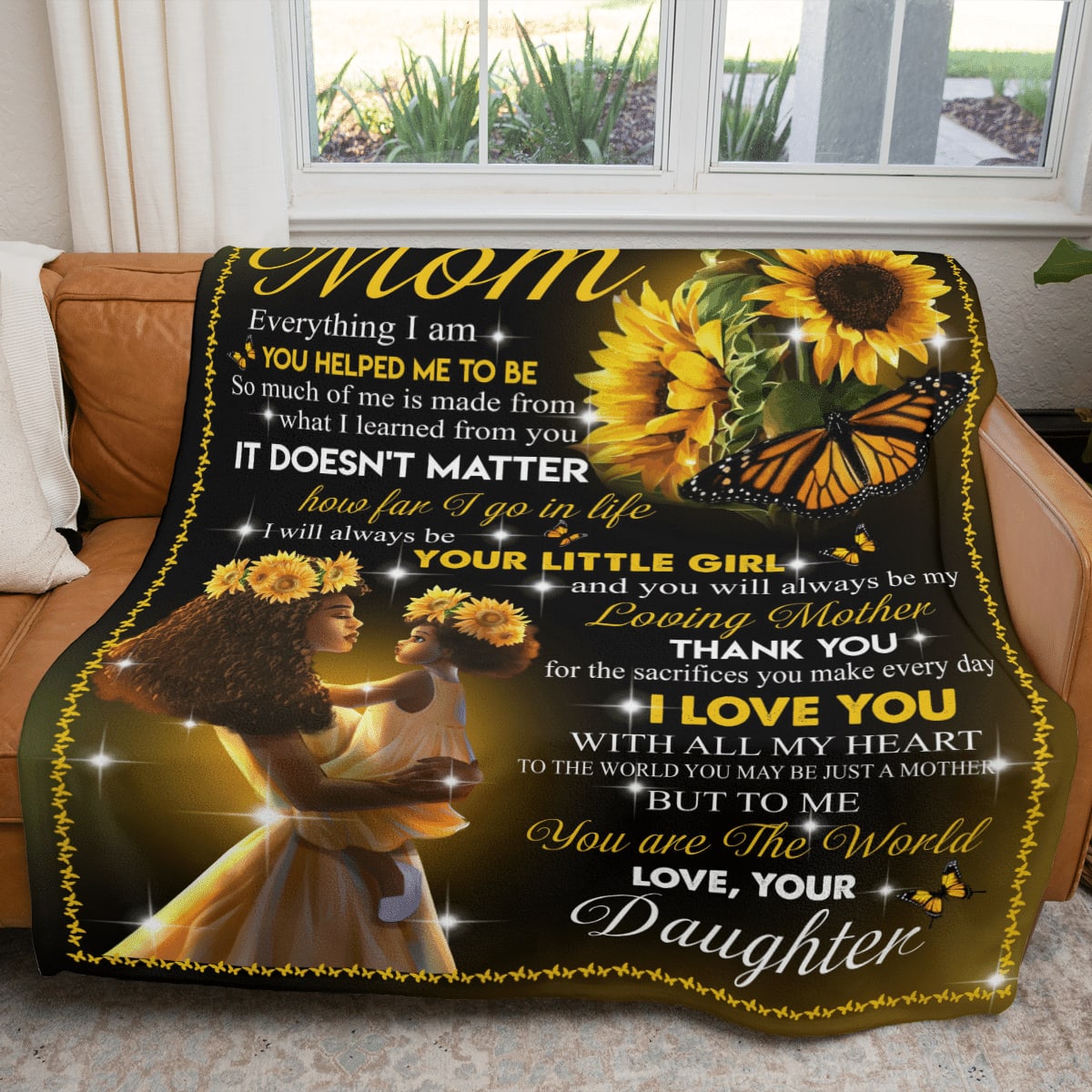 Daughter To Mom Blanket For Black Mom Art Sunflower Fleece Blanket From Daughter, Birthday Gift