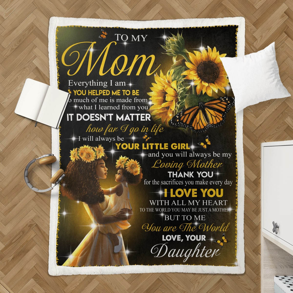 Daughter To Mom Blanket For Black Mom Art Sunflower Fleece Blanket From Daughter, Birthday Gift